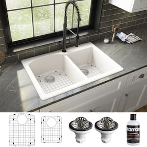QT-610 Quartz/Granite 33 in. Double Bowl 60/40 Top Mount Drop-In Kitchen Sink in White with Bottom Grid and Strainer