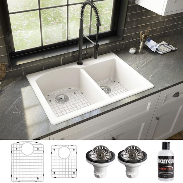 Karran QT-610 Quartz/Granite 33 in. Double Bowl 60/40 Top Mount Drop-In Kitchen Sink in White with Bottom Grid and Strainer