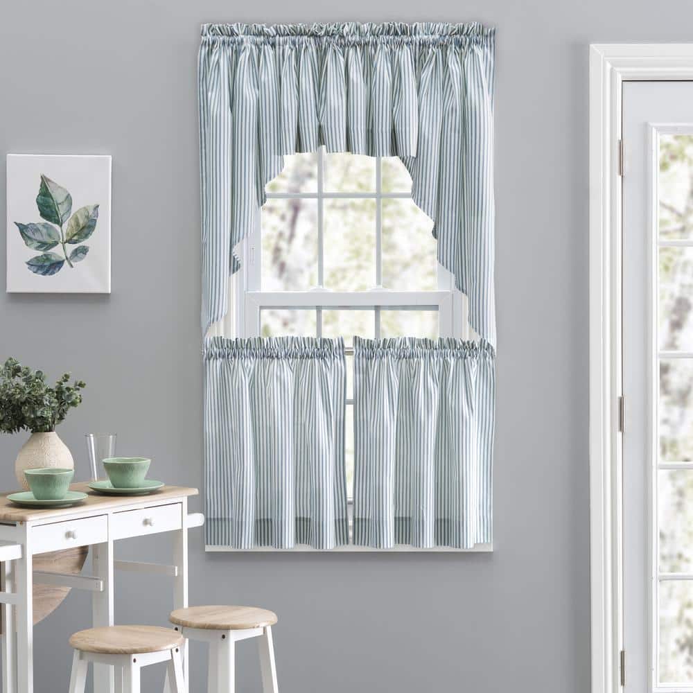 Blue Striped Cotton-Polyester Rod Pocket Valance