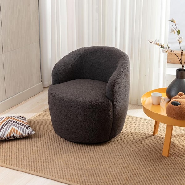 Unbranded Dark Grey Teddy Fabric Swivel Accent Armchair with Black Powder Coating Metal Ring