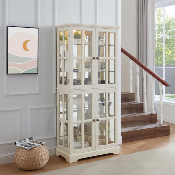 Handmaiden White Wood 68.7 in. Curio Display Cabinet with 4 Glass Doors and Adjustable Shelves