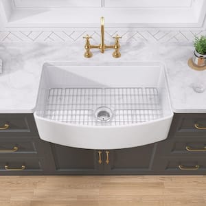 33 in. Farmhouse/Apron-Front Curve Single Bowl Fireclay Kitchen Sink Gloss white With Bottom Grid and Strainer