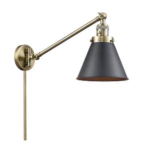 Appalachian 8 in. 1-Light Antique Brass Wall Sconce with Matte Black Metal Shade with On/Off Turn Switch