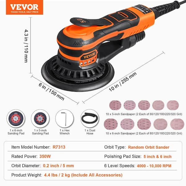 VEVOR Random Orbital Sander 5 and 6 in. 110A Corded 350-Watt