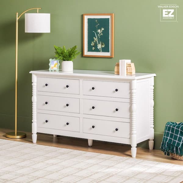 Walker Edison Furniture Company Modern Farmhouse Easy Assembly White 6-Drawer 54 in. Solid Wood Spindle-Detailing Dresser