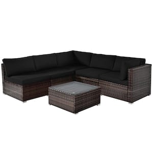 Patio Coffee 6-Piece Plastic Wicker Outdoor Sectional Set Cushioned in Black Cushion