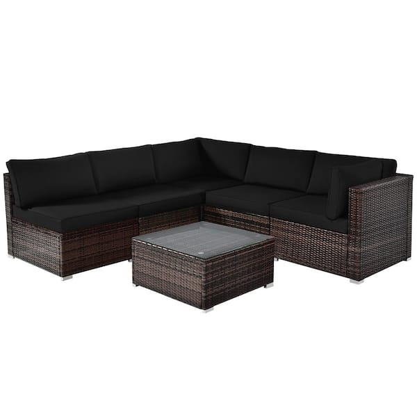 Costway Patio Coffee 6-Piece Plastic Wicker Outdoor Sectional Set Cushioned in Black Cushion