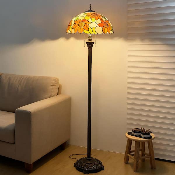 64 in. Tiffany Style Bronze Finish 2-Light Standard Floor Lamp with Multi-Colored Sunflower Stained Glass Lamp Shade
