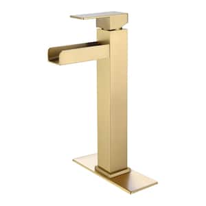 Square Raised Single Handle Mid Arc Single Hole Bathroom Faucet in Brushed Gold