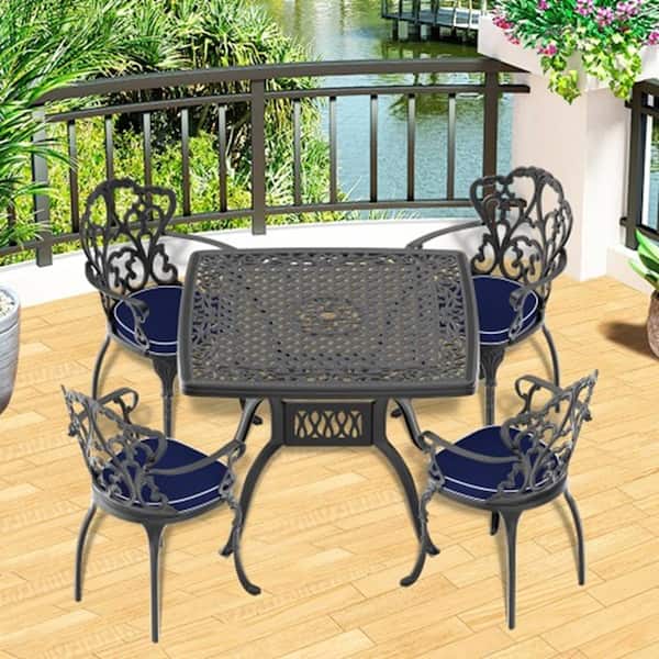 Runesay 5-Piece Set of Cast Aluminum Patio Outdoor Dining Set with Random Colors Cushions and Black Frame