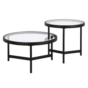 Premium Round Nest Of Tables Coffee Table Black Oak Brass Metal
