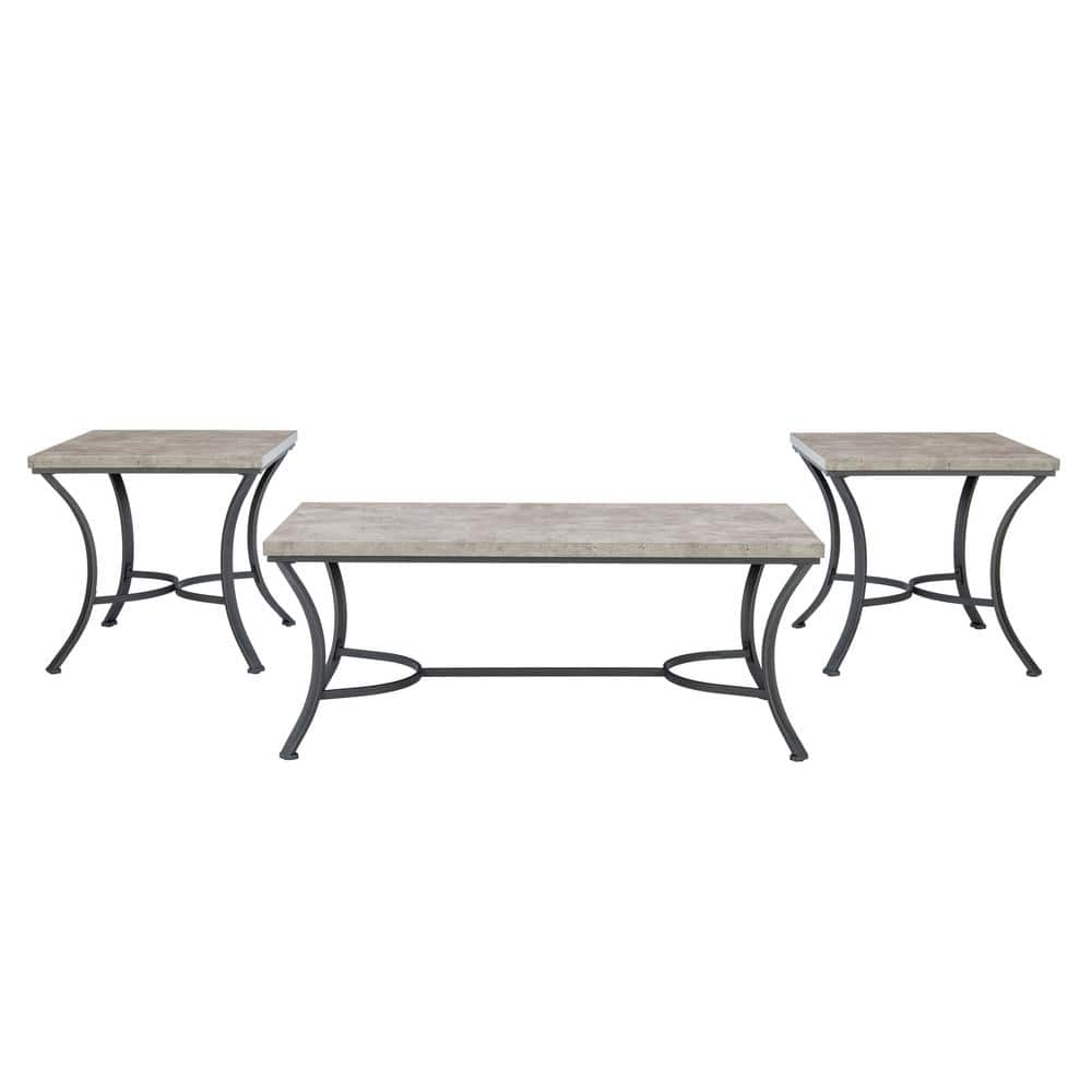 Bellamy 47.8 in. L Black Rectangle Faux Concrete Top 3 Piece Occasional Coffee Table and Accent/End Table Set -  Linon Home Decor, THD04678