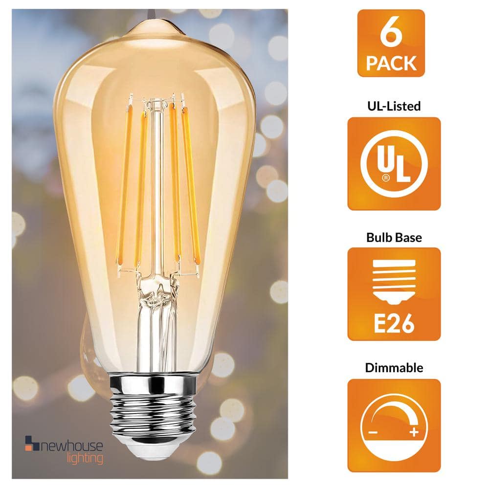 Amber Glass Vintage Edison LED Light Bulbs, 5 Watts, Dimmable, 6-Pack