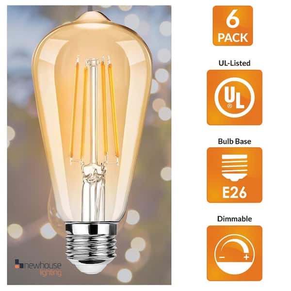 White 6W LED Edison Light Bulb ST64 Filament Dimmable 600 Lumens E26 Standard 