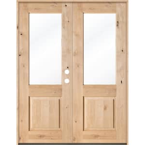 72 in. x 96 in. Rustic Knotty Alder Half-Lite Clear Glass Unfinished Wood Left Active Inswing Double Prehung Front Door