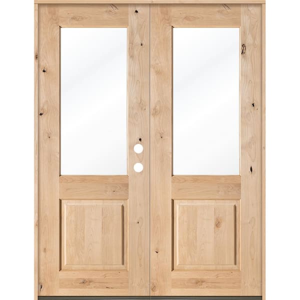 Krosswood Doors 72 in. x 96 in. Rustic Knotty Alder Half-Lite Clear Glass Unfinished Wood Left Active Inswing Double Prehung Front Door