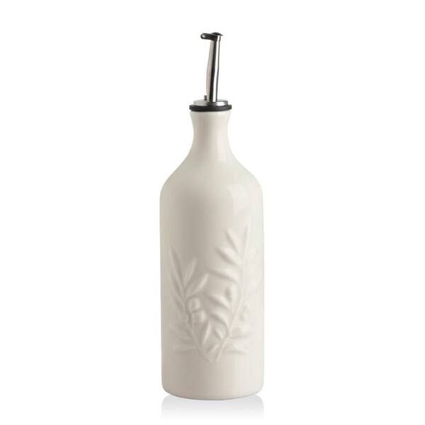 20 oz. Beige Ceramic Olive Oil Dispenser Bottle with Relief Design and Drip-Free Spout