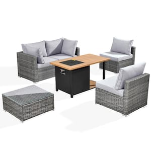 Sanibel Gray 6-Piece Wicker Outdoor Patio Conversation Sofa Set with a Storage Fire Pit and Light Gray Cushions