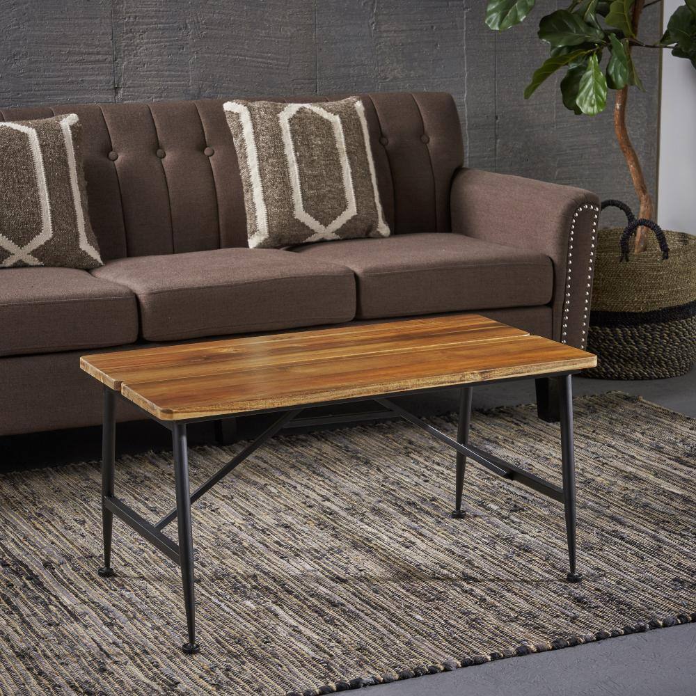 Sleek Antique Acacia Wood and Black Iron Patio Coffee Table