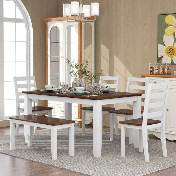6-Piece Rustic Walnut Wood Top Dining Room Set Seats 5