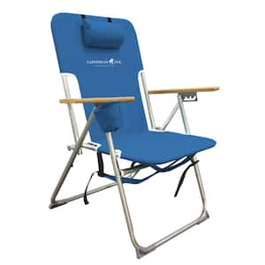 Reclining Beach Chair, Blue, 4-Position with Pillow, Backpack Straps, Wood Armrests, Steel Frame 300 lbs. Capacity