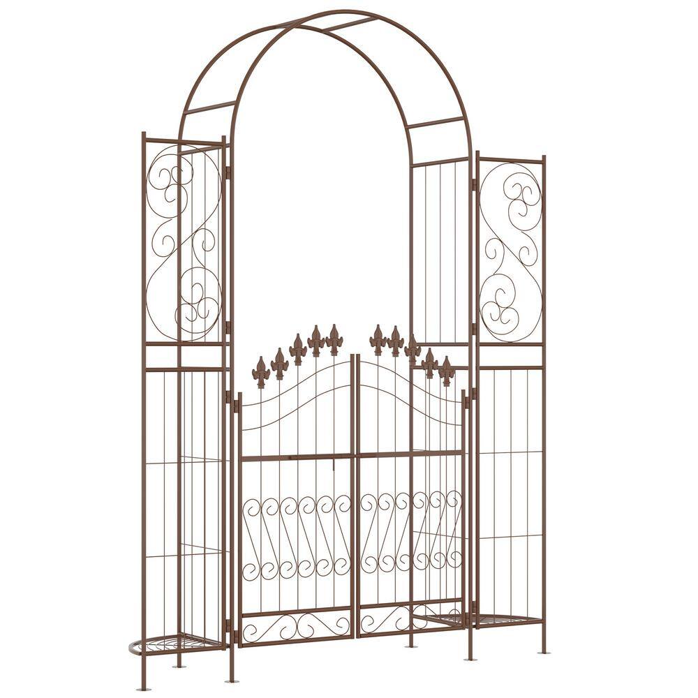 Brown Metal Garden Arbor with Fleur De Lis Motif and Gate