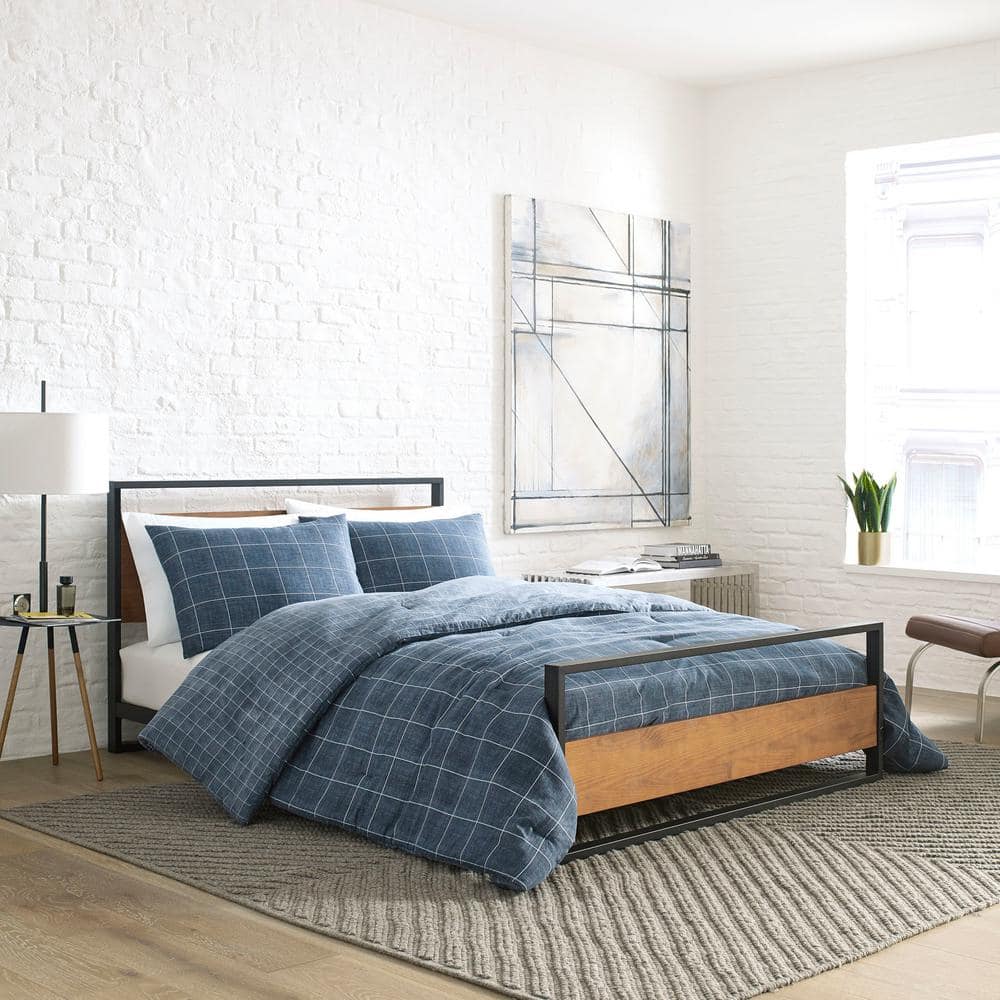 Full Blue Cotton Reversible Comforter Set with Shams