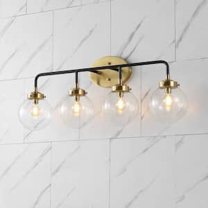 Caleb 30.75 in. 4-Light Contemporary Transitional Iron/Glass LED Vanity Light, Brass Gold/Black