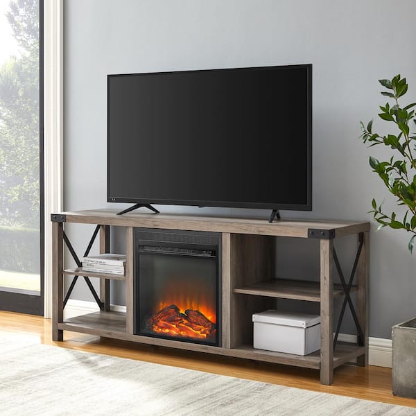 Welwick Designs 60 in. Grey Wash Composite TV Stand Fits TVs Up to 65 in. with Electric Fireplace