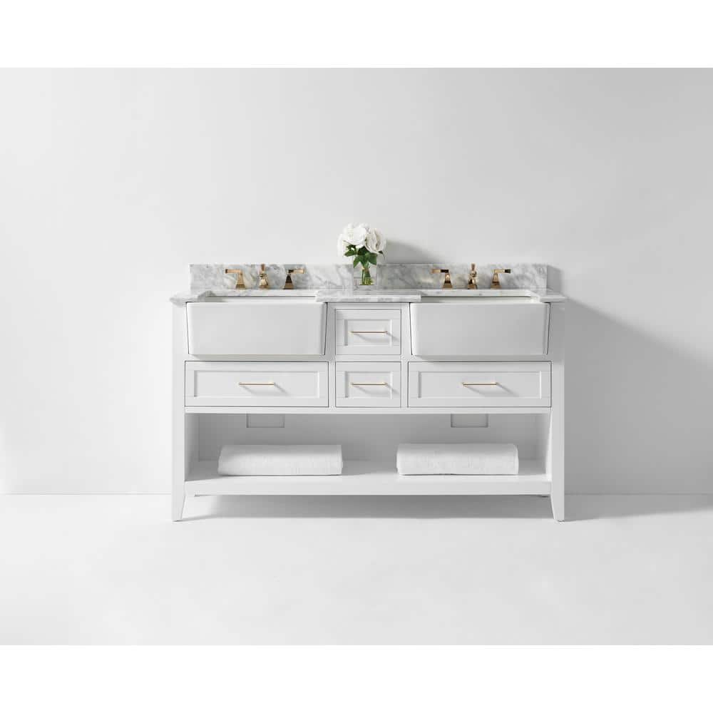 Hayley 60" White Farmhouse Double Basin Wood Vanity Set