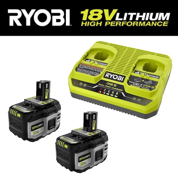 RYOBI ONE+ 18V Dual-Port Simultaneous Charger with ONE+ 18V 8.0 Ah Lithium-Ion HIGH PERFORMANCE Battery (2-Pack)
