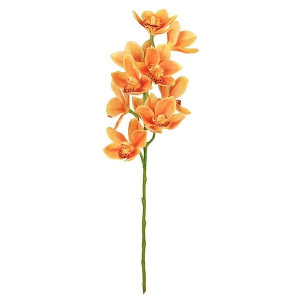 LIVING LUXURY 31 in. Large Orange Artificial Cymbidium Orchid Flower Stem Spray (Set of 2)