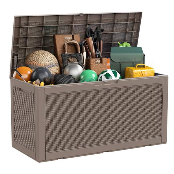 Clihome 48 in. W x 21 in. D x 25 in. H Brown Rattan Deck Box 100 Gal. Outdoor Storage Cabinet with Padlock and Hydraulic Rod