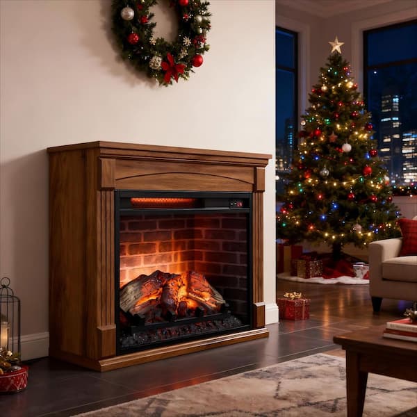 5000 BTU 28 in. Freestanding Electric Fireplace Mantel in Brown With Removable Caster Wheel