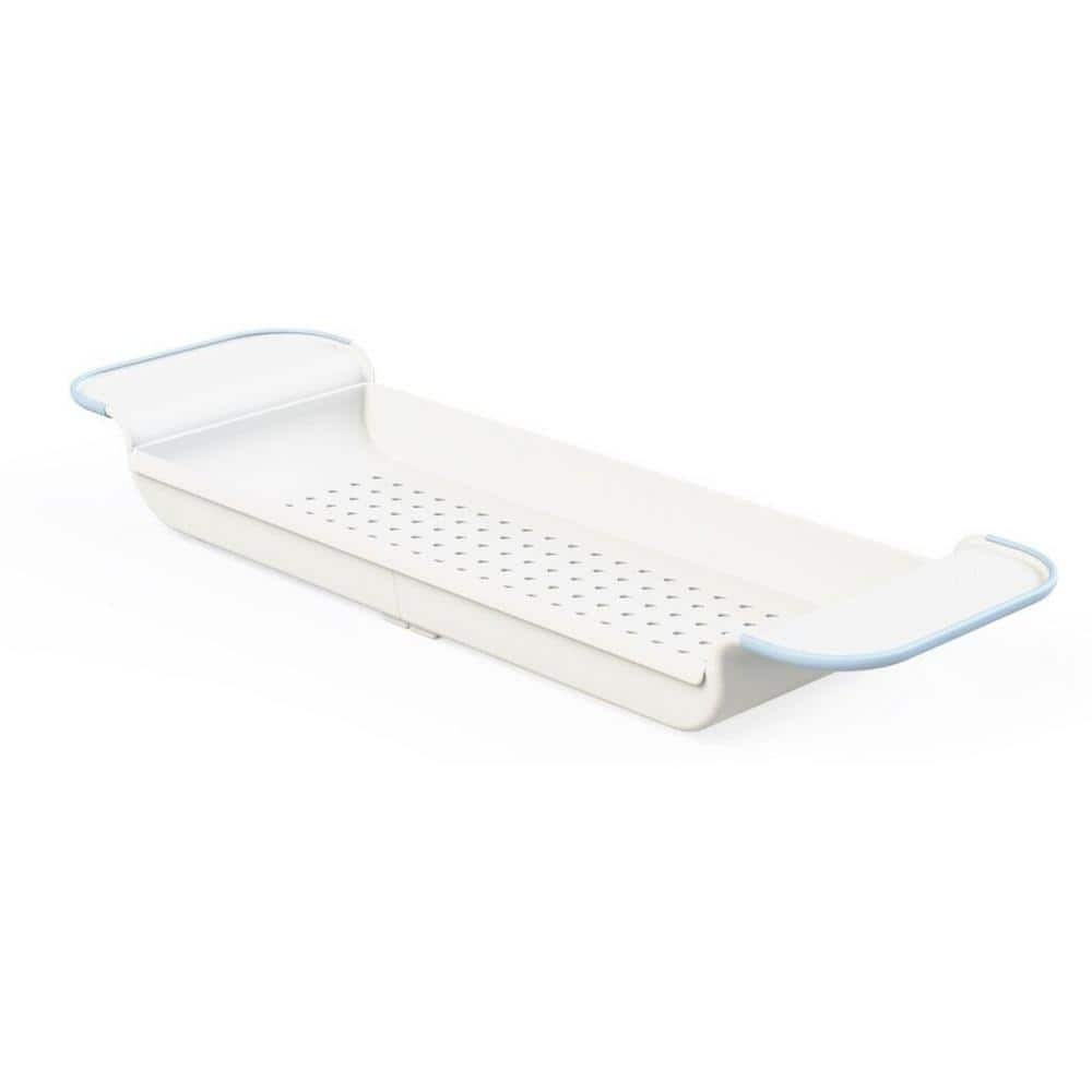 Expandable White and Blue Plastic Bathtub Tray
