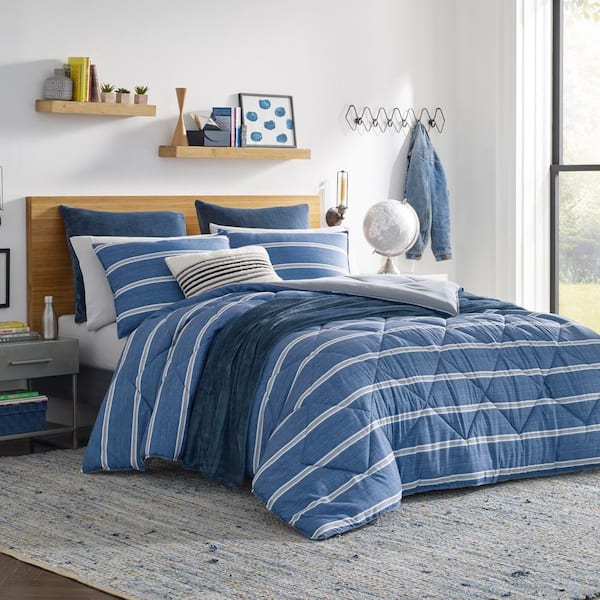 Nautica Keller 3-Piece Blue Striped Plush Microfiber Full/Queen ...