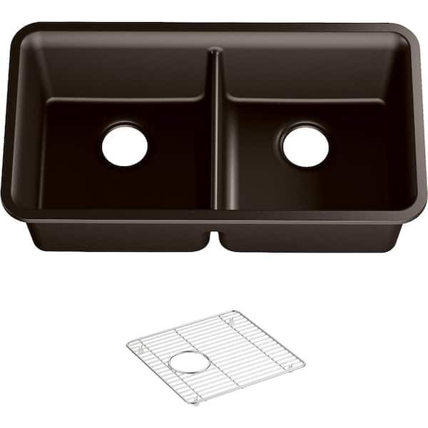 KOHLER Cairn Neoroc Undermount Neoroc 33.5 in. 0-Hole Basin Double Bowl Kitchen Sink Kit in Matte Brown