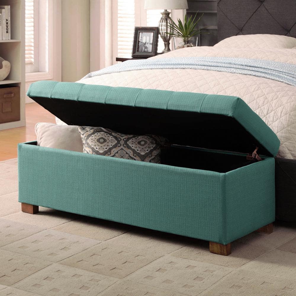 Teal Tufted Fabric Storage Bench with Wood Legs
