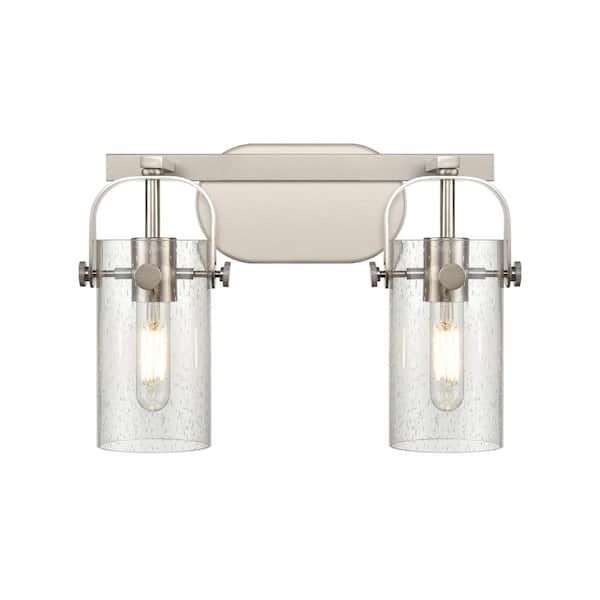 Innovations Pilaster II Cylinder 14.88 in. 2-Light Satin Nickel Vanity Light with Glass Shade