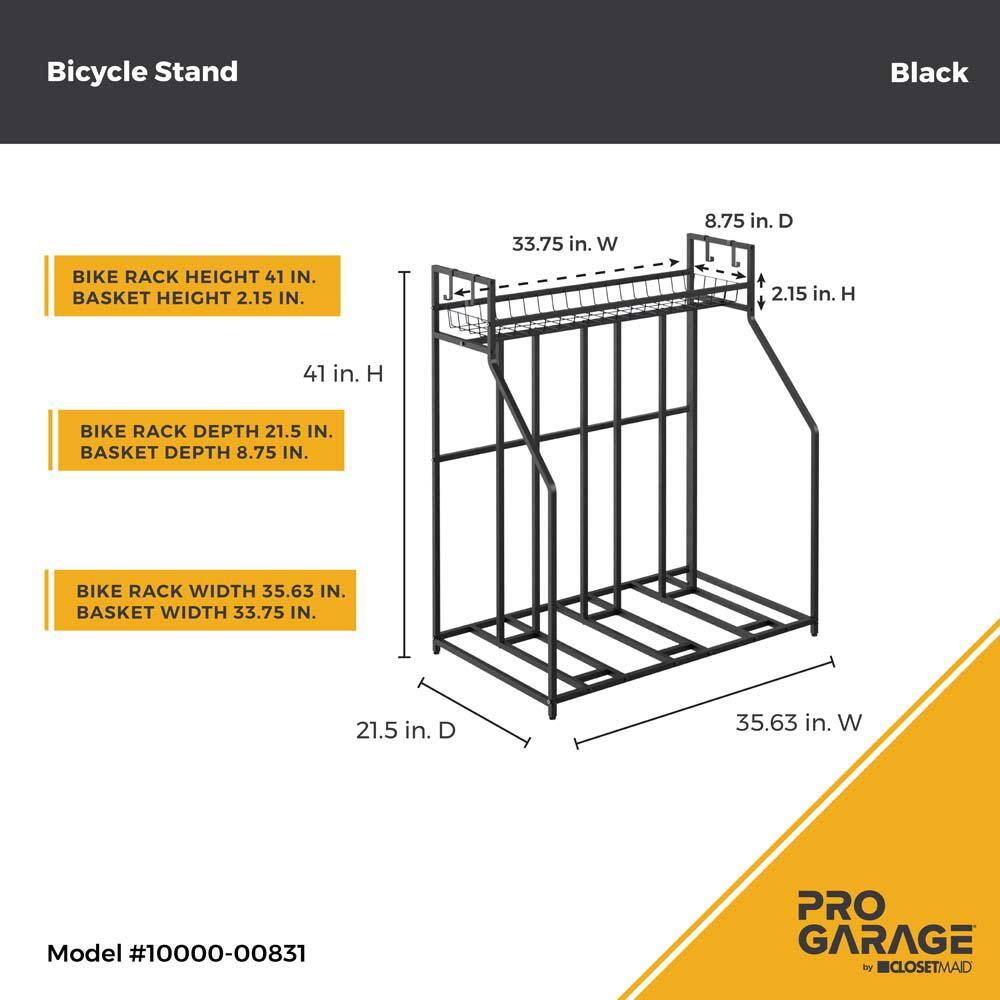Black Metal Freestanding 3-Bike Storage Rack with Hooks