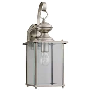 Jamestown 7 in. W 1-Light Brushed Nickel Outdoor Traditional Wall Lantern Sconce with Clear Beveled Glass