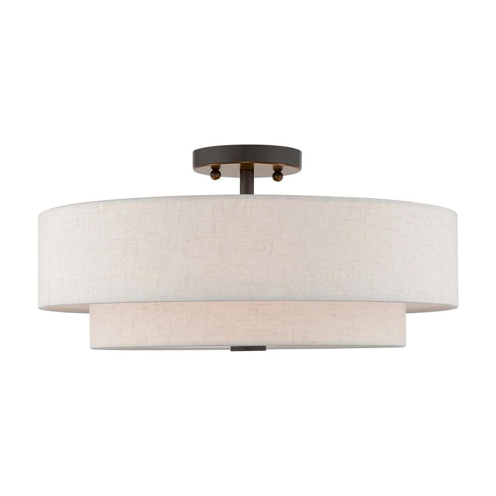 English Bronze 4-Light Indoor/Outdoor Drum Ceiling Fixture with Oatmeal Shade