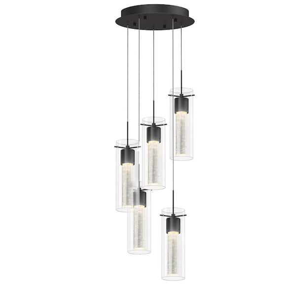 Essence 29-Watts 5-Lights Matte Black Integrated LED Pendant Light with Bubble Glass Shade