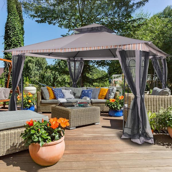 13 ft. x 11 ft. Gray Steel Outdoor Patio Gazebo with Mosquito Netting