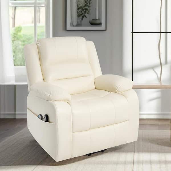 Cream Faux Leather Power Lift Reclining Chair with Massage, Recliner Chair with Remote and Footrest