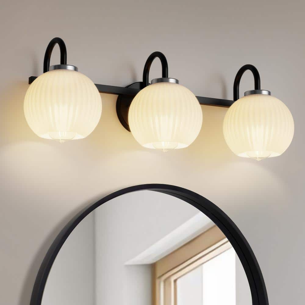 YANSUN 25 in. 3-Light Black Vanity Light with White Globe Glass Shades ...