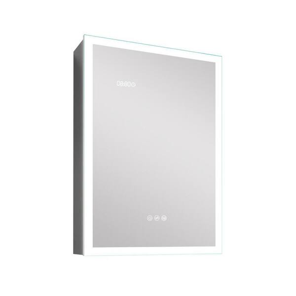 WELLFOR 20 in. W x 28 in. H Rectangular Silver Aluminum Surface Mount LED Medicine Cabinet with Mirror Time and Temp Display