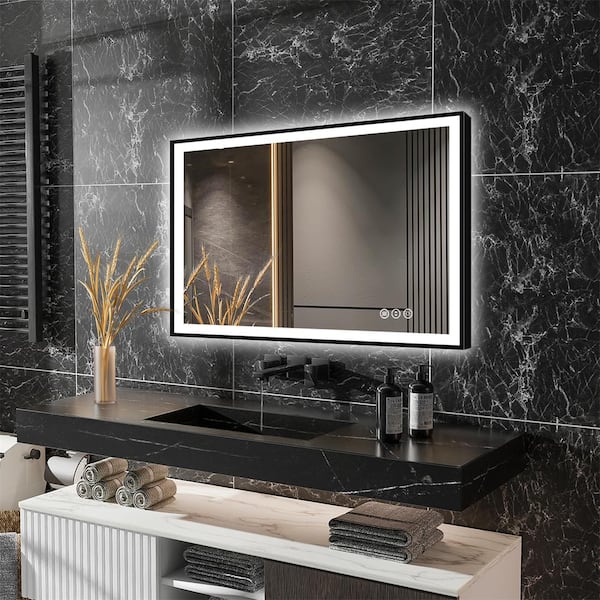ExBrite LumiCont 48 in. W x 32 in. H Large Rectangular Black Framed Anti-Fog LED Wall Bathroom Vanity Mirror Lighted Mirror