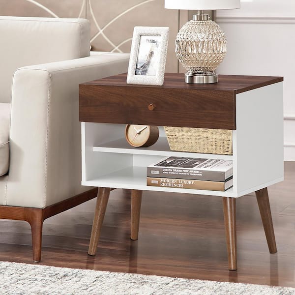 Costway 1-Drawer Walnut Nightstands 23.5 in. x 23.5 in. x 15 in. (Set of 2)