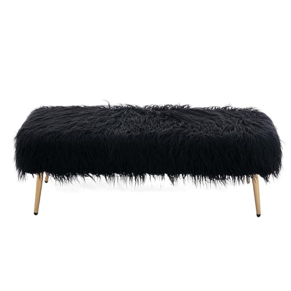 ZIRUWU Black Bench Faux Fur Plush Ottoman Bench Modern Fluffy Upholstered Bench 16.54 in. x 47.24 in. x 15.35 in.